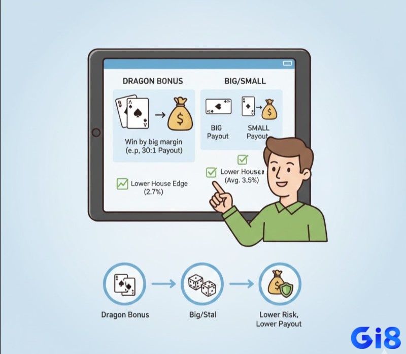 Người chơi Baccarat tìm hiểu Dragon Bonus và Big/Small, các loại cược phụ có lợi thế nhà cái thấp hơn Perfect Pair nhưng tỷ lệ trả thưởng cũng thấp hơn