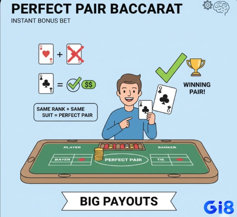 Đặt cược Perfect Pair đơn giản, thắng ngay khi hai lá bài đầu trùng giá trị và chất