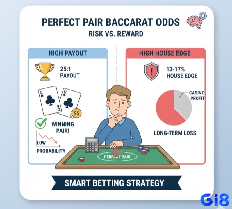 Với tỷ lệ thưởng lên tới 25:1 nhưng đi kèm house edge lớn, người chơi phải phân tích kỹ khi cân nhắc cược Perfect Pair