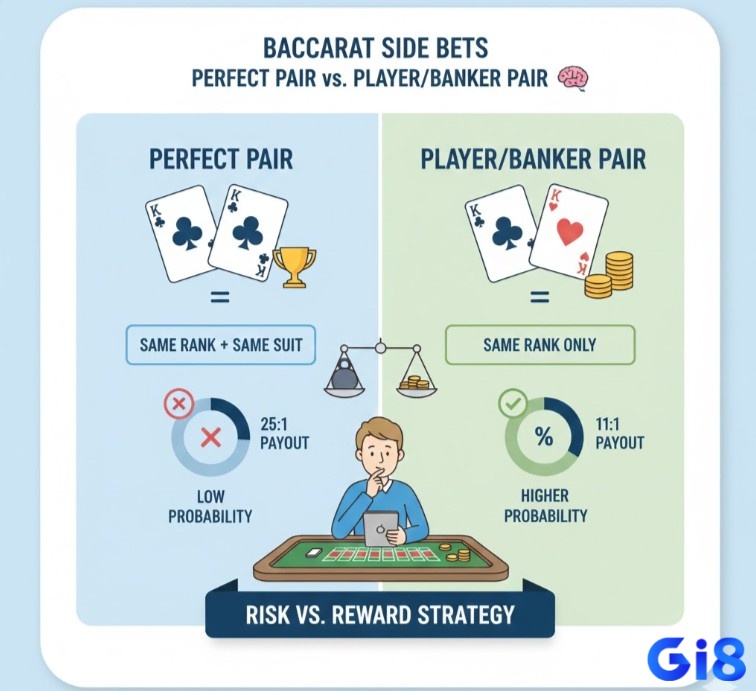 Người chơi Baccarat phân biệt và so sánh cược Perfect Pair với Player/Banker Pair, tập trung vào tiêu chí và xác suất để lựa chọn cược phụ