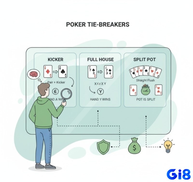 Người chơi Poker phân tích các tình huống so sánh bài phức tạp như kicker, cù lũ và split pot để đưa ra quyết định chính xác