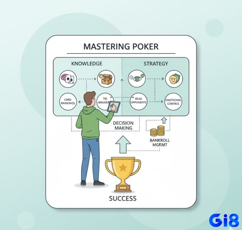 Người chơi Poker tích hợp kiến thức về cấu trúc bài, cách phân định thắng thua poker và tâm lý để làm chủ cuộc chơi