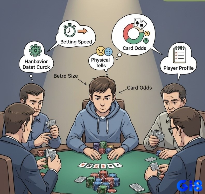 Người chơi Poker quan sát hành vi đặt cược, phân tích biểu hiện và xây dựng hồ sơ đối thủ để đọc bài hiệu quả