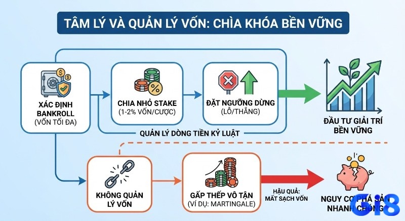 Sơ đồ quản lý vốn bền vững, hướng dẫn xác định bankroll, chia nhỏ stake và đặt ngưỡng dừng, để tránh rủi ro gấp thếp Martingale dẫn đến phá sản