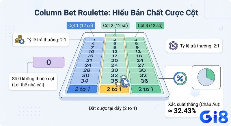 Sơ đồ bàn Roulette giải thích cược cột Column Bet là gì, minh họa các số trong mỗi cột, khu vực đặt cược, tỷ lệ trả thưởng 2:1 và xác suất thắng ~32.43%