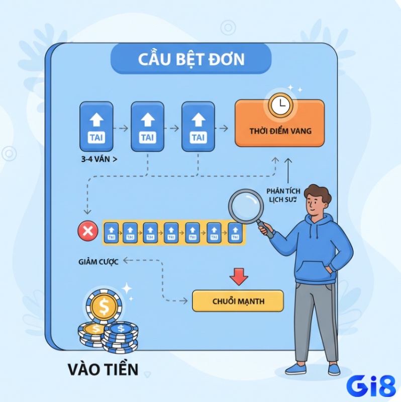 Người chơi tài xỉu thường chờ đợi khi cầu bệt đơn lặp lại liên tiếp khoảng 3–4 ván, rồi mới xem đó như tín hiệu để bắt đầu vào tiền trong đọc cầu bệt là gì