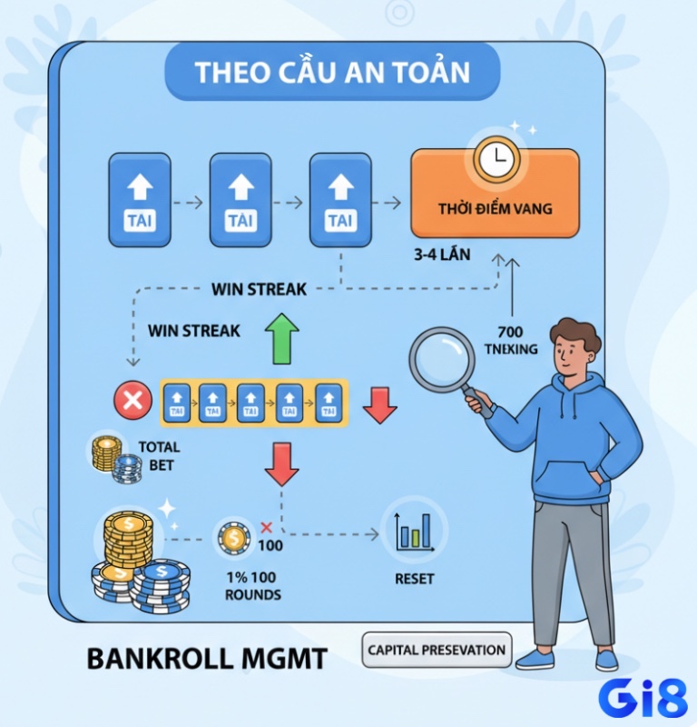 Người chơi tài xỉu áp dụng chiến thuật theo cầu an toàn với quản lý vốn đa tầng, khởi đầu với vốn nhỏ