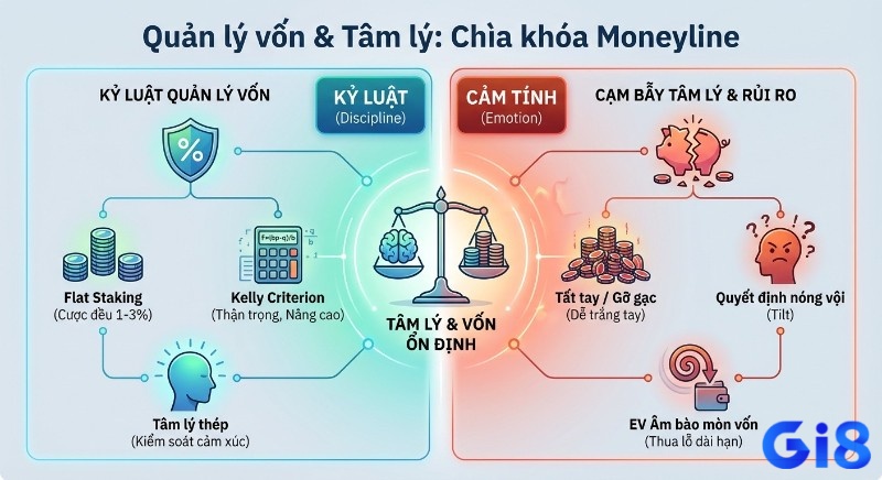 Tổng quan quản lý vốn, tâm lý cá cược Moneyline,: Kỷ luật (Flat Staking, Kelly) tạo ổn định, cảm tính gây rủi ro trắng tay