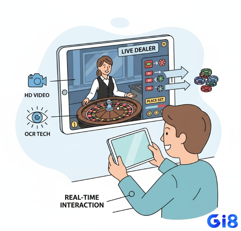 Người chơi tương tác với dealer thật qua livestream trong Live Dealer Roulette, kết hợp công nghệ camera và OCR