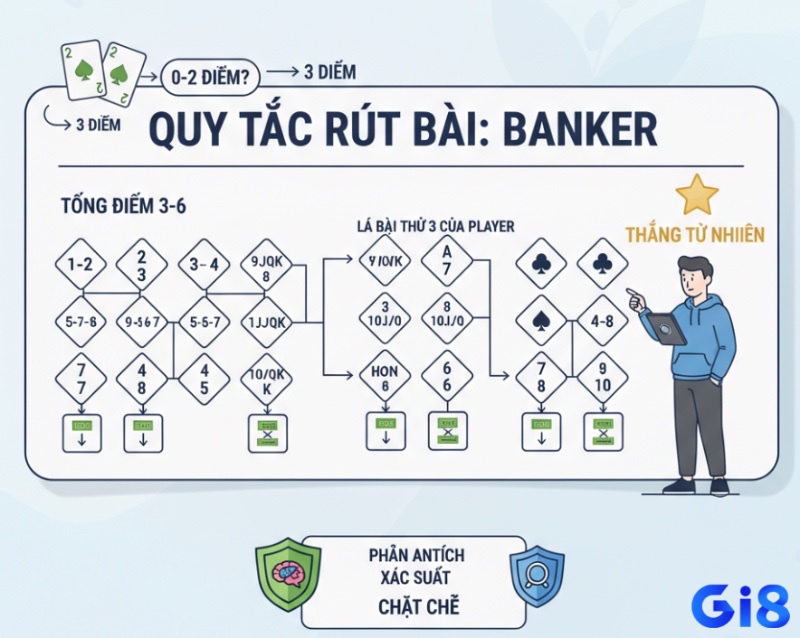 Người chơi Baccarat nghiên cứu quy luật rút bài phức hợp của Banker dựa trên điểm và lá thứ ba của Player