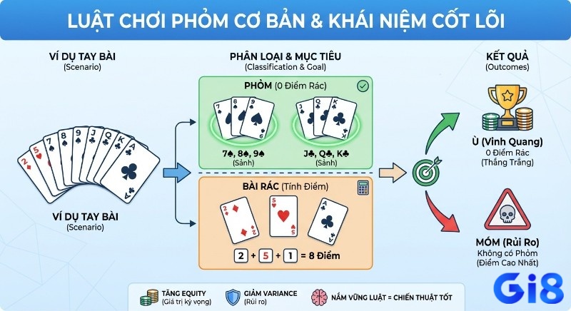 Sơ đồ minh họa luật chơi Phỏm cơ bản, phân loại phỏm và bài rác để đạt mục tiêu ù hoặc tránh móm với ví dụ tay bài 8 điểm