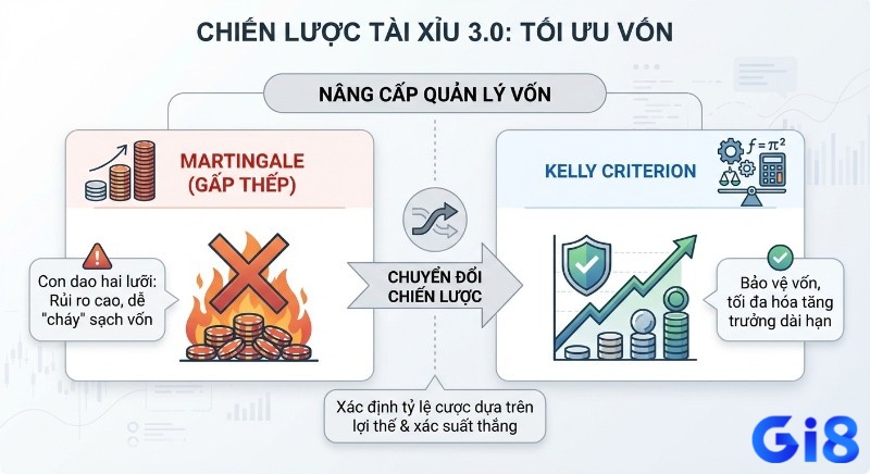 Sơ đồ nâng cấp quản lý vốn cho chiến lược tài xỉu 3.0 là gì, chuyển đổi từ Martingale rủi ro sang Kelly Criterion để bảo vệ vốn, tối ưu lợi nhuận dài hạn