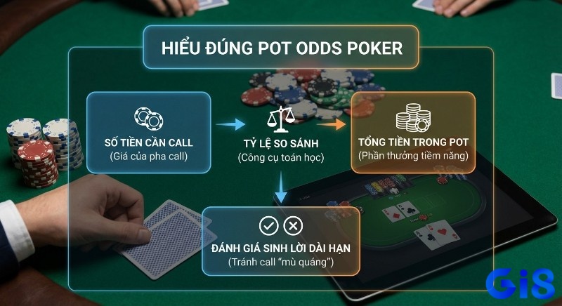 Quy trình hiểu Pot Odds poker giúp so sánh tiền call và pot, đưa ra đánh giá sinh lời dài hạn, tránh những pha call mù quáng