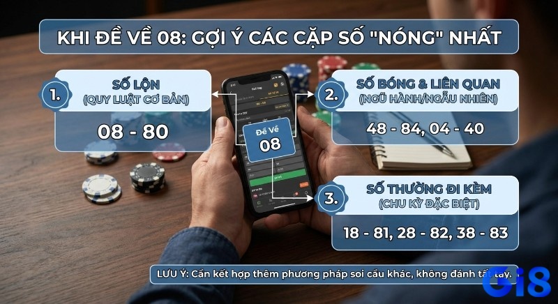 Danh sách gợi ý các cặp số hiệu quả nhất khi đề về 08 đánh lô gì, bao gồm số lộn, số bóng và số đi kèm, cần kết hợp soi cầu