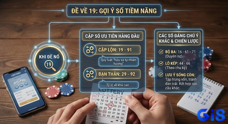 Sơ đồ gợi ý các cặp số tiềm năng khi đề về 19 mai đánh lô gì, bao gồm cặp lộn 19-91, bạn thân 29-92 và các số chiến lược khác để tối ưu vốn