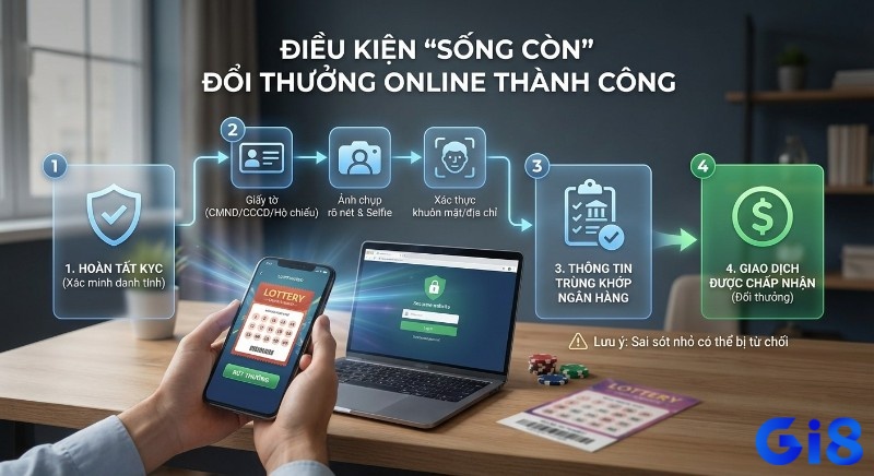 Quy trình 4 bước đổi thưởng vé số online thành công: xác minh danh tính (KYC) và đảm bảo thông tin khớp ngân hàng