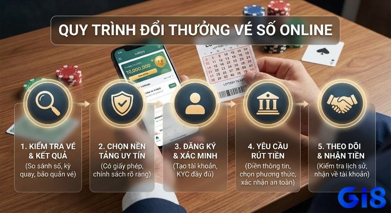 Quy trình 5 bước chi tiết để hướng dẫn đổi thưởng vé số online, hướng dẫn kiểm tra, chọn nền tảng uy tín và nhận tiền