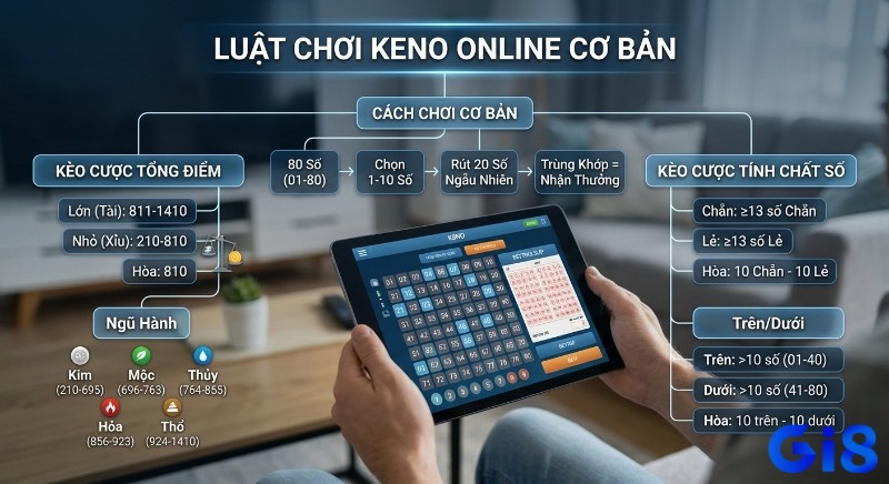 Sơ đồ hướng dẫn luật chơi Keno online chi tiết, tổng hợp cách chơi cơ bản và các kèo cược Tài Xỉu, Chẵn Lẻ, Ngũ Hành, Trên Dưới