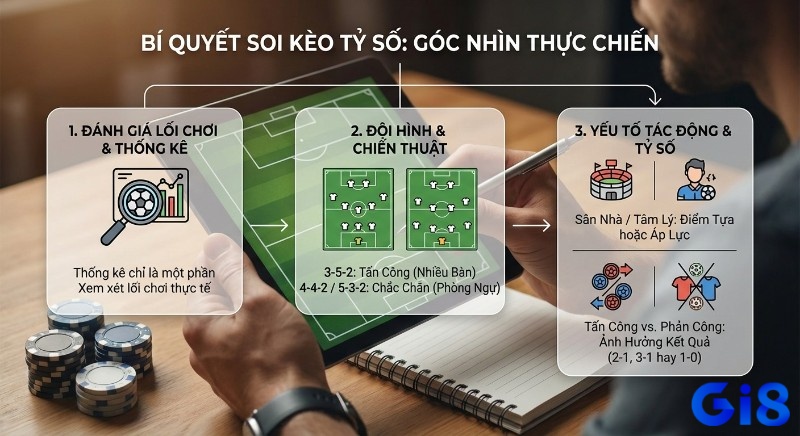 Quy trình 3 bước soi kèo tỷ số thực chiến gồm đánh giá lối chơi, đội hình chiến thuật và yếu tố tâm lý quyết định tỷ số