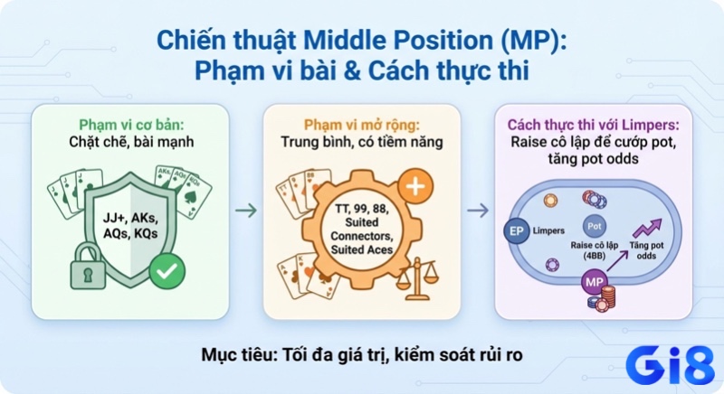 Chiến thuật ở Middle Position (MP) tập trung vào phạm vi bài mở và cách tăng cược (raise) để cô lập limpers, giúp tận dụng tối đa giá trị ván bài trong Middle Position Poker là gì