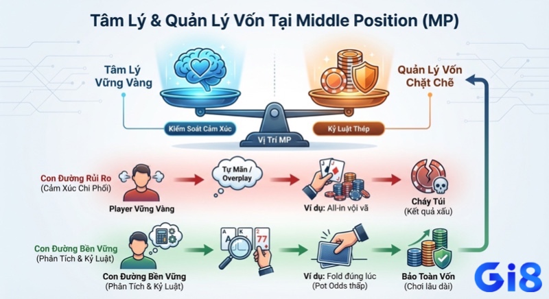 Sơ đồ thể hiện tầm quan trọng của việc giữ vững tâm lý, quản lý vốn tại Middle Position (MP), phân tích các kịch bản rủi ro và bảo toàn vốn