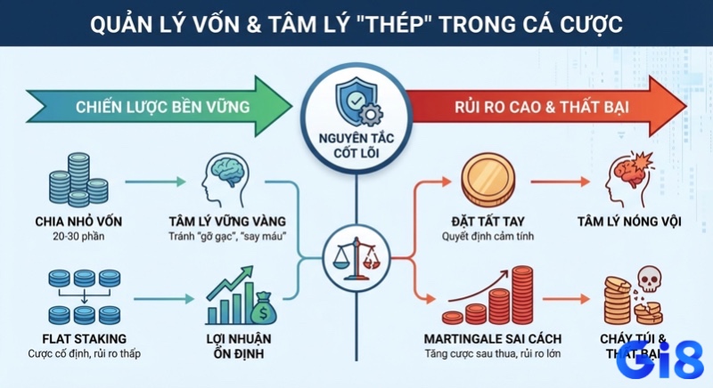 Tổng quan quản lý vốn và tâm lý thép trong cá cược: đối chiếu các chiến lược an toàn (chia vốn, Flat Staking) và rủi ro lớn