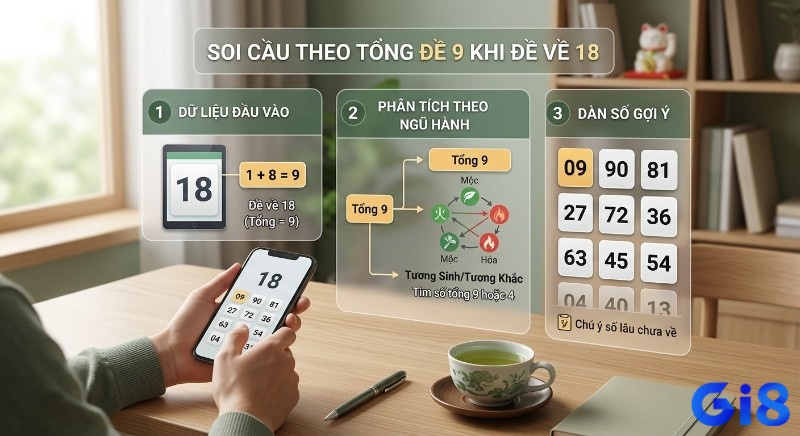 Hướng dẫn soi cầu đề về 18 hôm sau đánh lô gì qua phân tích tổng 9 và Ngũ Hành, gợi ý dàn số tiềm năng tổng 9 hoặc 4, đặc biệt số lâu chưa về