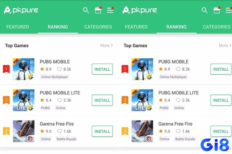 Ứng dụng APKPure hiển thị danh sách trò chơi Android và nút tải nhanh