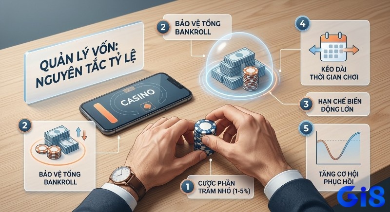 Tổng quan nguyên tắc quản lý vốn theo tỷ lệ phần trăm nhỏ (1-5%), bảo vệ bankroll, kéo dài thời gian chơi và phục hồi vốn