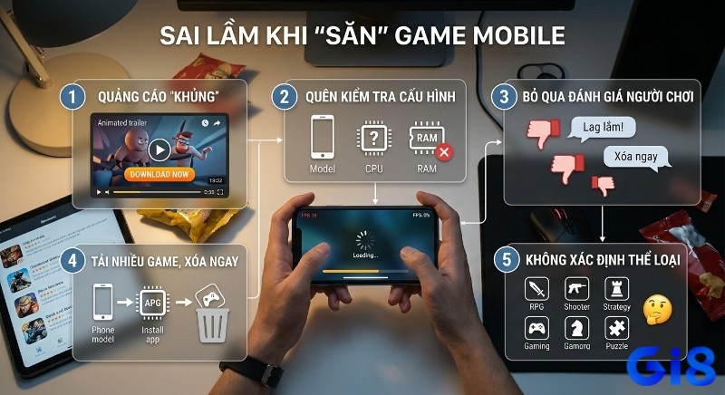 Checklist 5 lỗi thường gặp khi chọn game mobile: bỏ qua cấu hình, không đọc review, chọn nhầm thể loại, không để ý dung lượng, tải từ nguồn kém uy tín