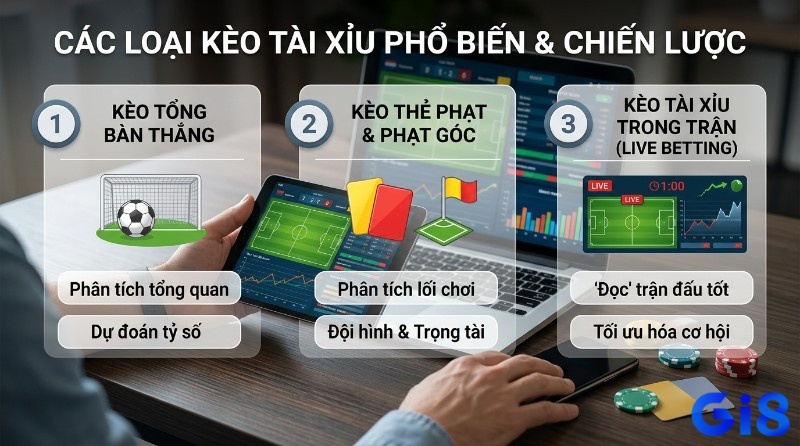 Các loại kèo cá độ đá banh tài xỉu là gì phổ biến: tổng bàn thắng, thẻ phạt, phạt góc, trong trận