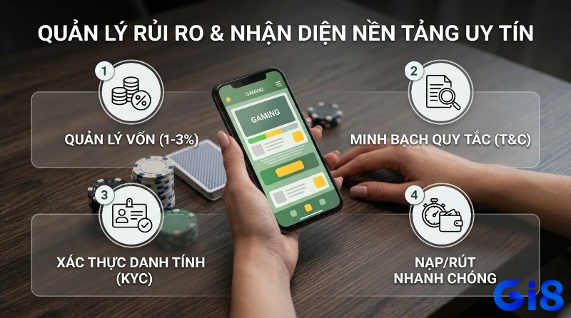 Quản lý rủi ro và nhận diện nền tảng uy tín với 4 yếu tố: quản lý vốn 1-3%, quy tắc minh bạch, xác thực KYC, nạp rút nhanh chóng trên ứng dụng gaming