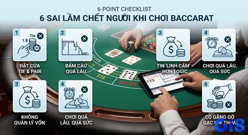 Checklist 6 sai lầm chết người khi chơi Baccarat giúp người chơi nhận diện và tránh những lỗi thường gặp để tăng tỷ lệ thắng