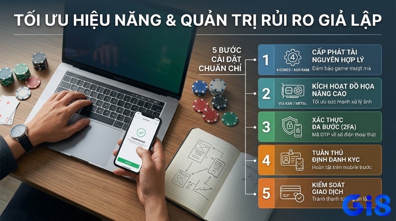 Tối ưu hiệu năng và quản trị rủi rogiả , lập với 5 bước cài đặt chuẩn cách chơi game mobile trên macbook,: cấp phát tài nguyên, kích hoạt đồ họa, xác thực 2FA, tuân thủ KYC, kiểm soát giao dịch