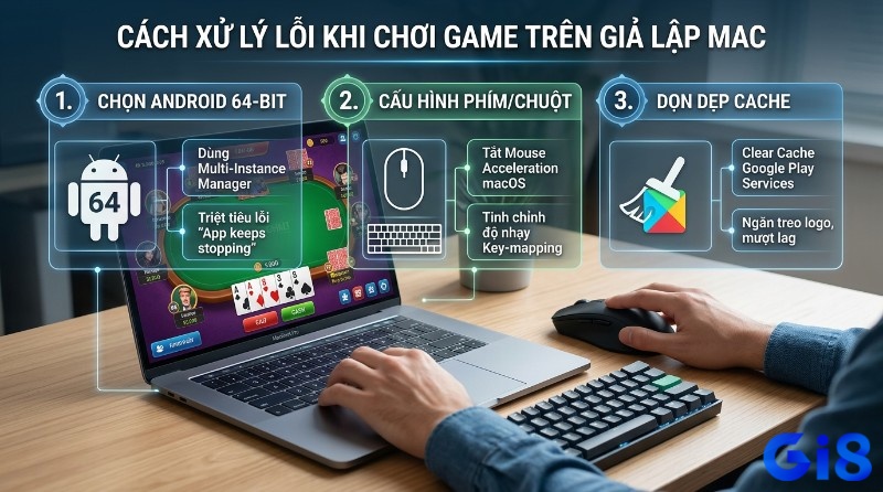 Xử lý lỗi chơi game giả lập Mac: chọn Android 64-bit, cấu hình phím chuột tắt Mouse Acceleration, dọn dẹp cache Google Play Services ngăn văng game, lag