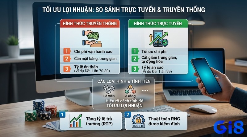 Tối ưu lợi nhuận bằng cách so sánh hình thức chơi trực tuyến (tỷ lệ 1 ăn 99) và truyền thống (1 ăn 70-80), với các loại lô xiên, 3 càng, RTP và RNG