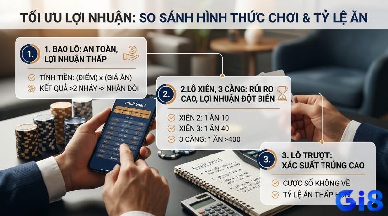 Tối ưu lợi nhuận so sánh hình thức chơi lô đề: Bao lô an toàn, lô xiên/3 càng rủi ro cao, lô trượt xác suất trúng cao, hiển thị bảng kết quả trên điện thoại và chip poker