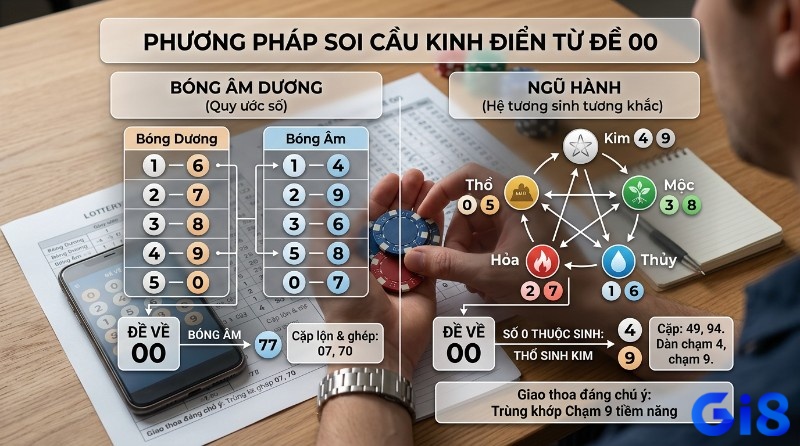 Soi cầu đề 00 bằng bóng âm dương và ngũ hành, với bóng âm 0-7 suy ra 77, 07, 70; ngũ hành Thổ sinh Kim 4, 9 ra 49, 94, chạm 4, 9