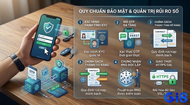 Quy chuẩn bảo mật nền tảng số: xác minh KYC, xác thực OTP, chính sách rút nạp minh bạch, thuật toán RNG được kiểm toán, mã hóa SSL/TLS