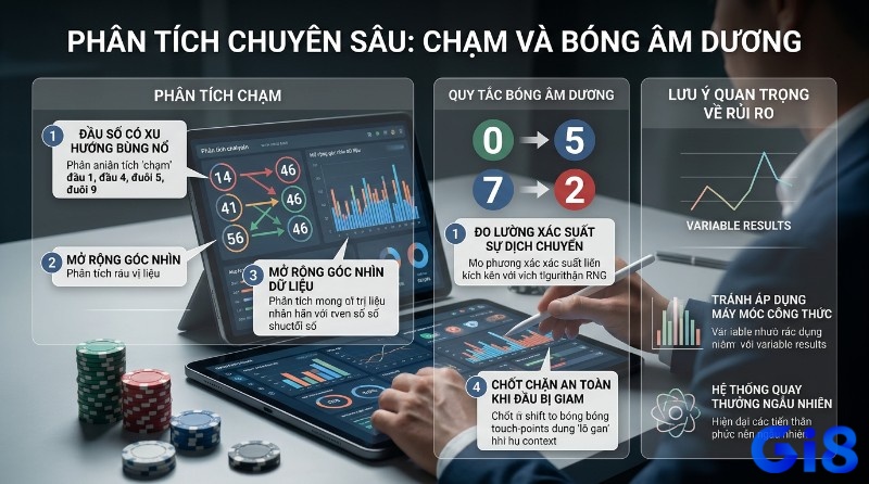 Phân tích kỹ thuật chuyên sâu nhịp độ chạm đầu, đuôi và bóng âm dương, với các chạm 1, 4, 5, 9, bóng 0->5, 7->2, biểu đồ dữ liệu, và cảnh báo rủi ro RNG
