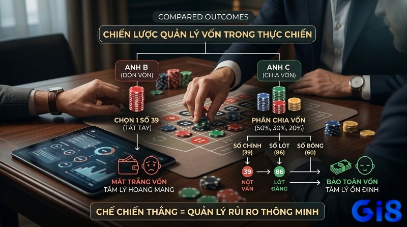 Chiến lược quản lý vốn thực chiến,: Anh B dồn vốn vào số 39 thua lỗ, Anh C chia vốn 50-30-20 cho 39, 86, 60 bảo toàn vốn và ổn định tâm lý