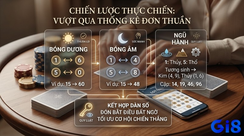 Chiến lược thực chiến phân tích bóng âm dương và ngũ hành, thể hiện bóng dương 1-6, 5-0; bóng âm 1-4, 5-8; ngũ hành Thủy, Thổ, Kim để kết hợp dàn số tối ưu cơ hội chiến thắng