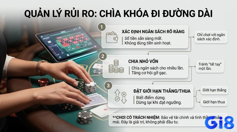 Người chơi cần quản lý rủi ro bằng cách xác định ngân sách rõ ràng, chia nhỏ vốn cược và thiết lập giới hạn thắng thua hợp lý trong quá trình tham gia