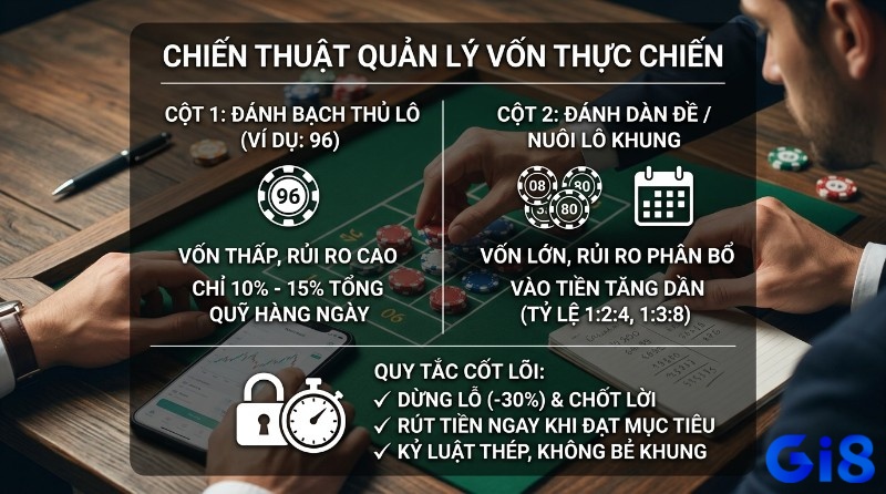 Chiến thuật quản lý vốn thực chiến so sánh đánh bạch thủ lô (96) 10-15% vốn và nuôi lô khung (08-80) tỷ lệ 1:2:4, 1:3:8, kèm quy tắc dừng lỗ -30% và chốt lời