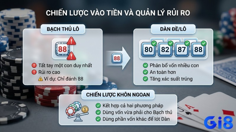 Chiến lược quản lý rủi ro so sánh Bạch thủ lô (đánh 88, rủi ro cao) với Dàn đề/lô (80, 82, 87, 88, an toàn hơn). Chiến lược khôn ngoan kết hợp cả hai