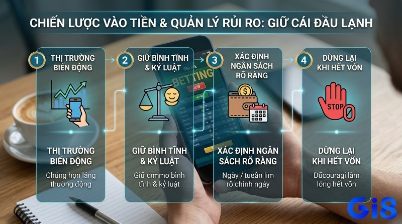 Chiến lược vào tiền, và quản lý rủi ro: giữ bình tĩnh, kỷ luật, xác định ngân sách rõ ràng, dừng lại khi hết vốn