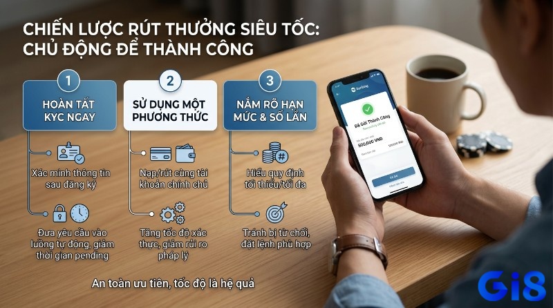 Chiến lược rút thưởng siêu tốc: chủ động hoàn tất KYC, dùng phương thức nhất quán, nắm rõ hạn mức, giao dịch 500.000 VND thành công trên điện thoại