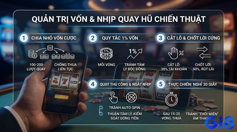 Chiến thuật quản trị vốn slot 3 cuộn và nhịp quay hũ hiệu quả: chia nhỏ vốn 100-200 lượt, quy tắc 1%, cắt lỗ 30%, chốt lời 50%, quay thủ công, nghỉ 30 giây
