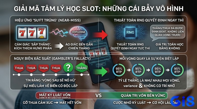 Giải mã tâm lý học slot: bẫy suýt trúng, ngụy biện xác suất, RNG quyết định kết quả ngay tức thì, quản trị vốn bền vững