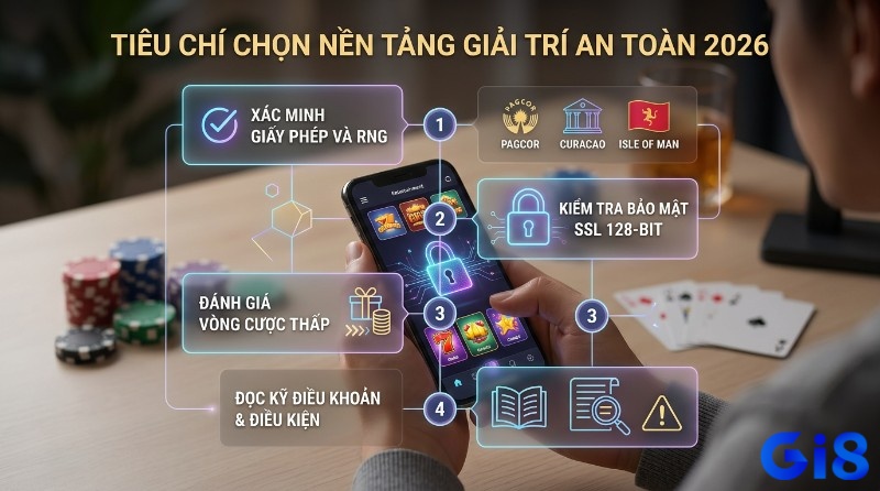 Tiêu chí chọn nền tảng giải trí an toàn 2026: xác minh giấy phép RNG (PAGCOR, Curacao), bảo mật SSL 128-bit, đánh giá vòng cược thấp, đọc kỹ điều khoản